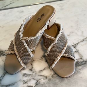 VAN ELI size 8 1/2N, tan silver/gold slide sandal